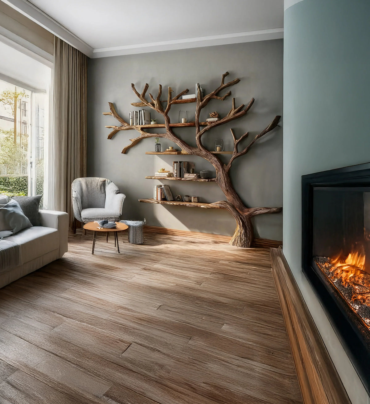 Tree bookshelf with live edge wooden shelves in a modern living room near fireplace