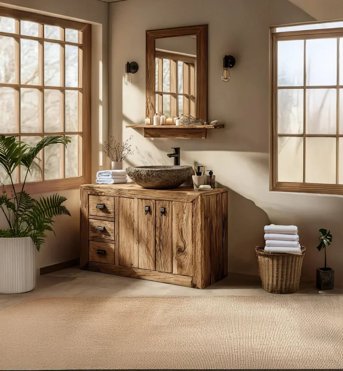 Rustic wooden bathroom vanity with stone basin, mirror, candles, plants, and natural light
