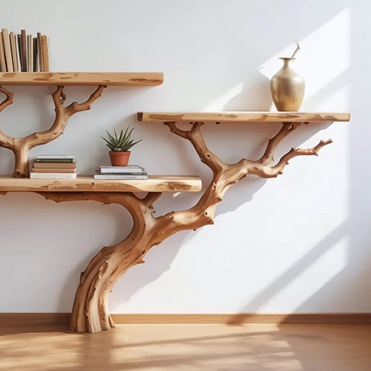 Live edge tree bookshelf with solid wood shelves, books, potted plant, and decorative vase