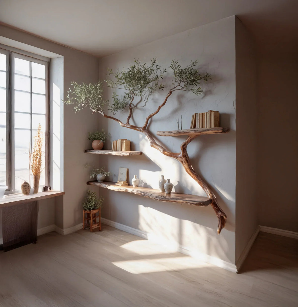 Sunlit minimalist corner with natural wood shelves and branch design holding books and pottery