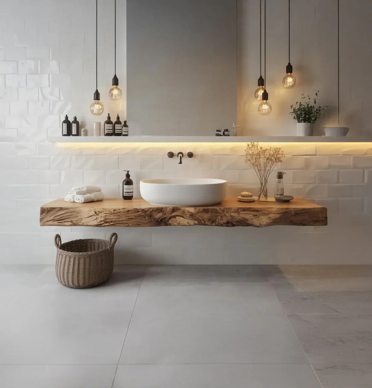Modern bathroom with live edge wood floating vanity, vessel sink, hanging lights, and natural decor.