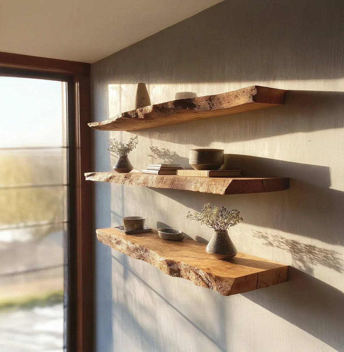Live edge solid wood floating shelves with ceramic decor and books in natural sunlight