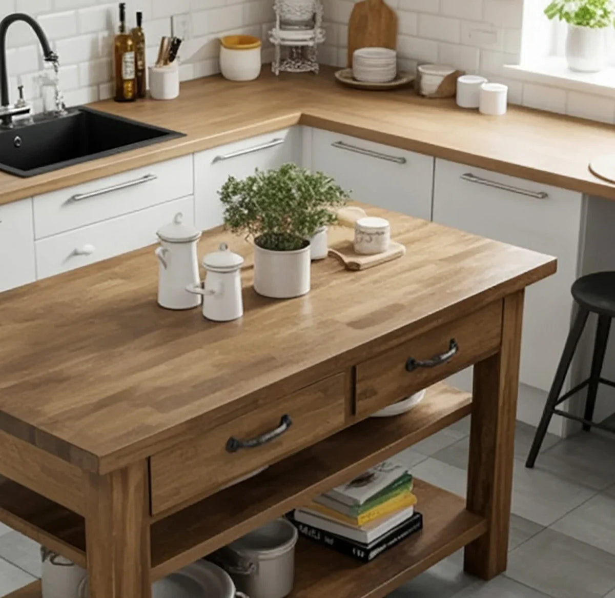 Solid wood kitchen island with drawers, live edge countertop, and herb plant in modern kitchen