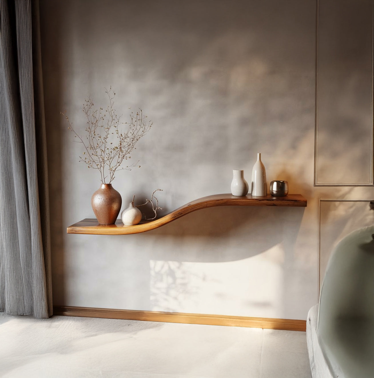 Live edge floating wood shelf with decorative vases in a minimalist living room.