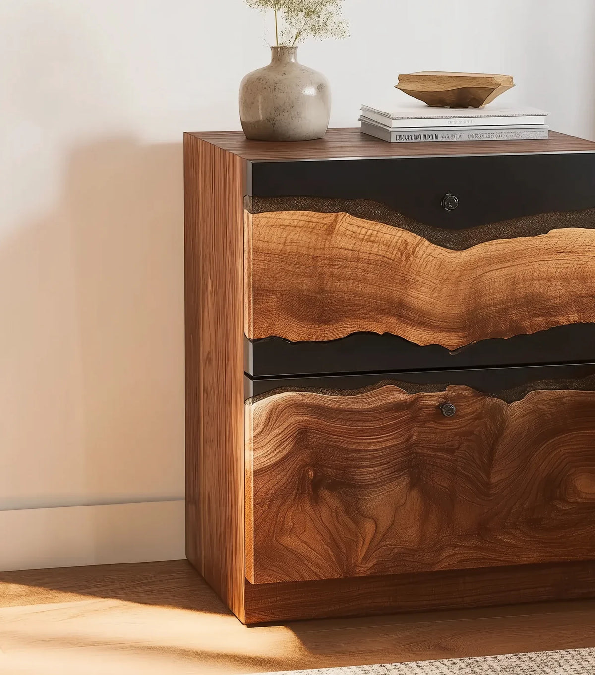 Live edge wood cabinet with black resin drawers, topped with ceramic vase and stacked books