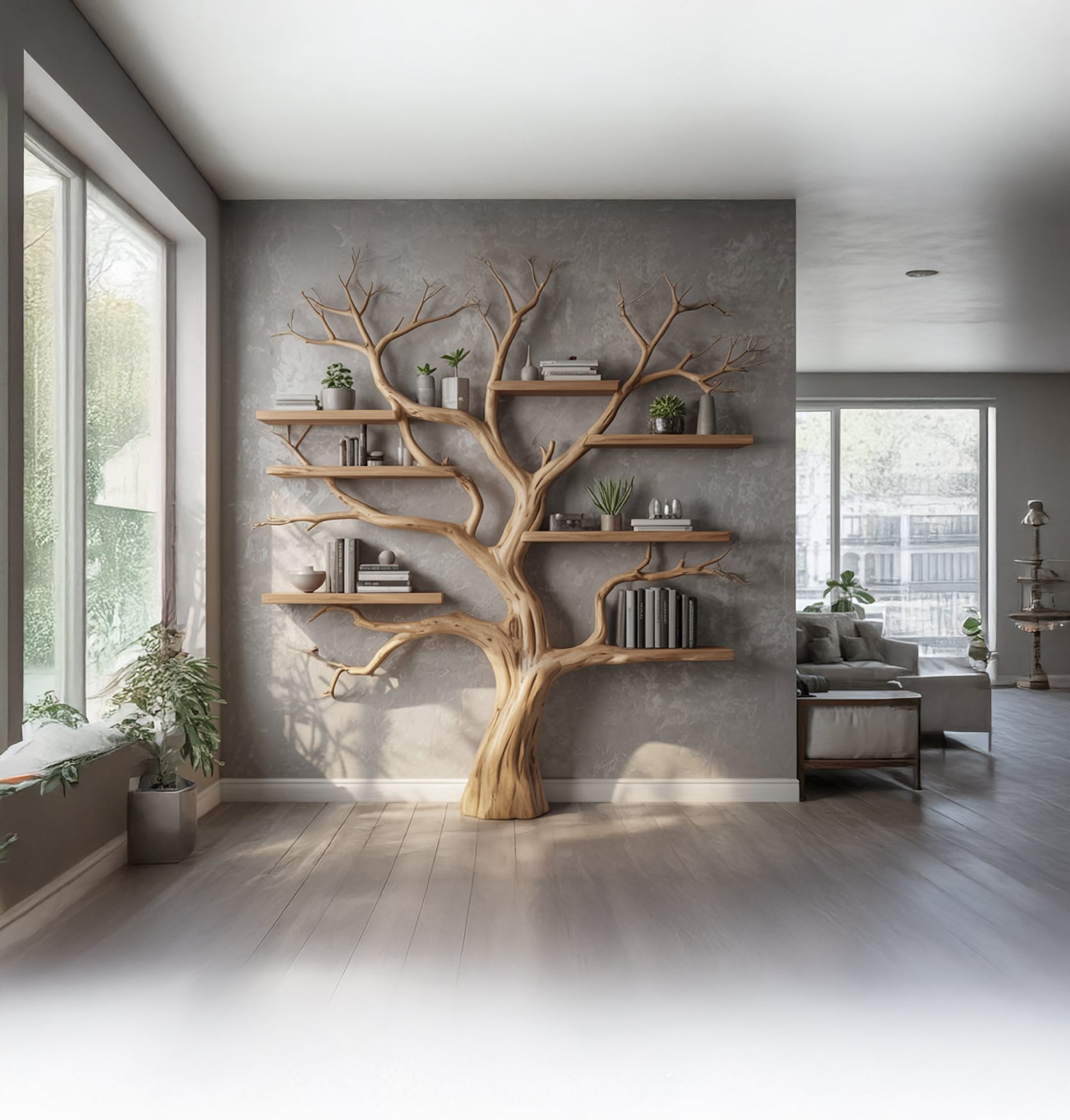 Solid wood tree bookshelf with floating shelves in a modern living room, decorated with books and plants