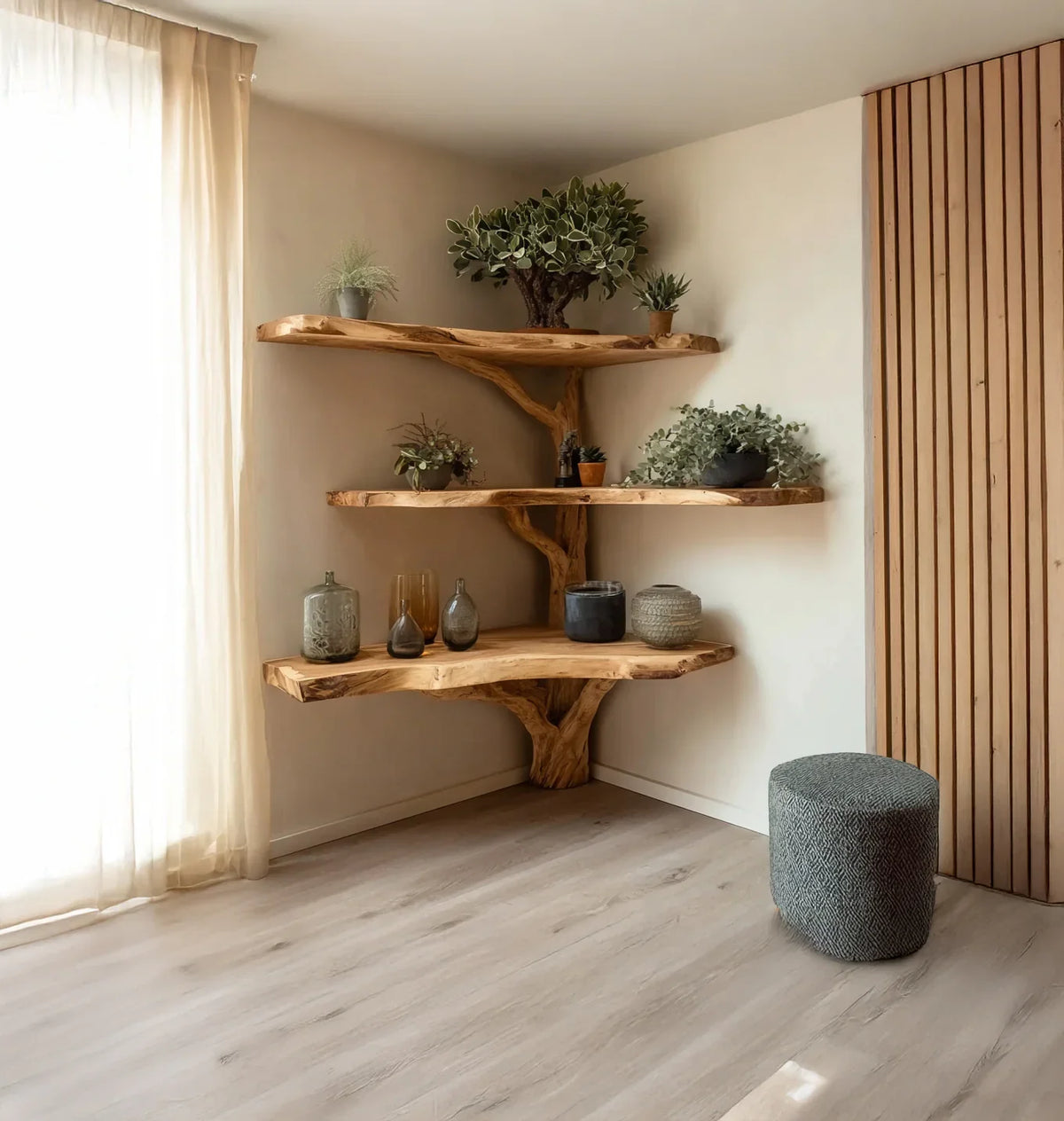 Corner wooden shelves with potted plants and decorative vases in a bright modern room