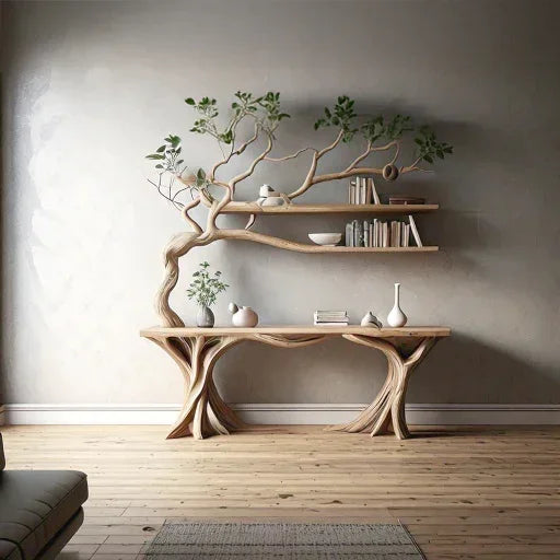 Solid wood tree bookshelf with floating shelves and decorative items against a light wall