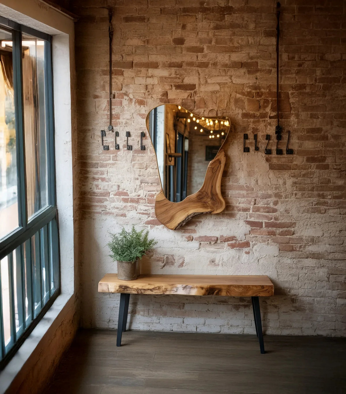 Live edge wooden bench and mirror on rustic brick wall with potted plant decor