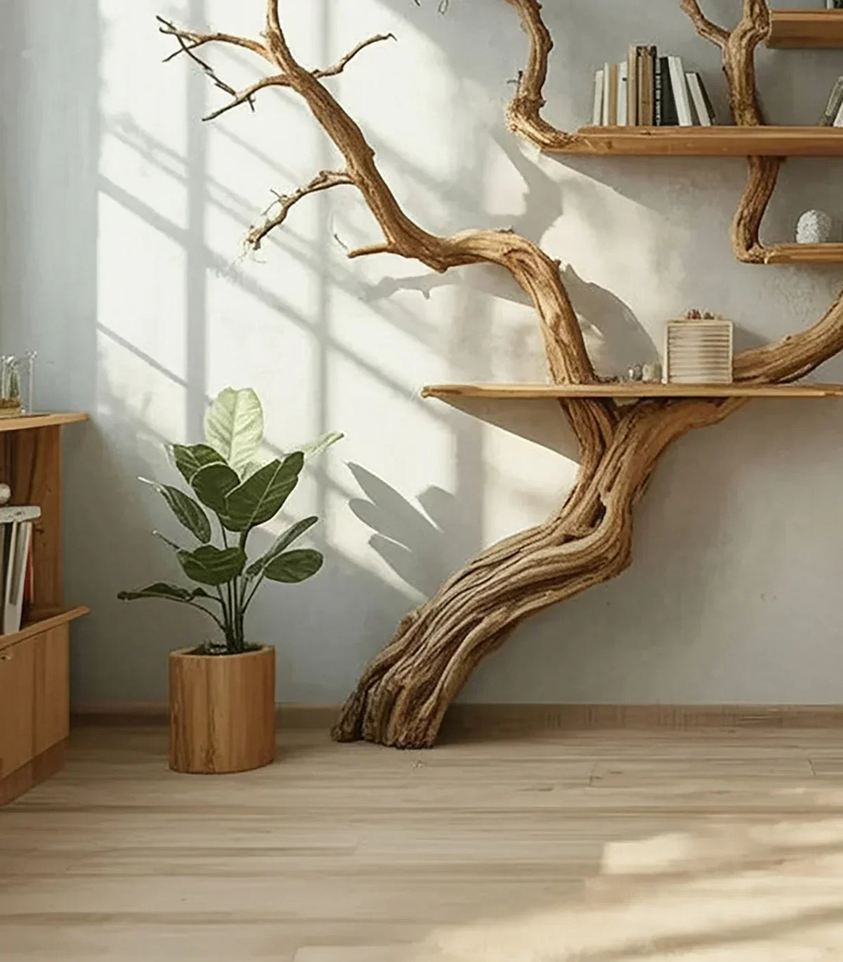 Tree-inspired bookshelf with live edge wooden shelves, books, and potted plant in sunlit room