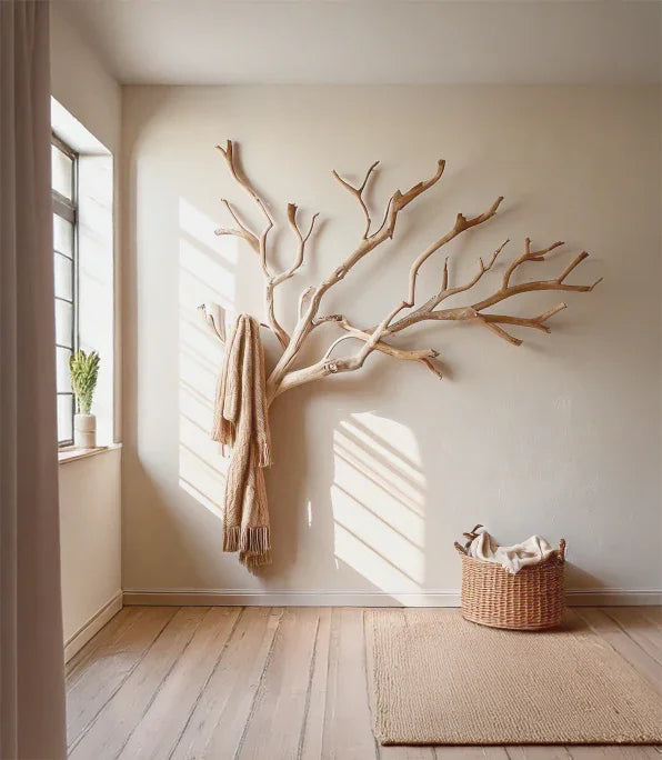 Minimalist room with wooden branch wall hook holding beige scarf, wicker basket, and natural light