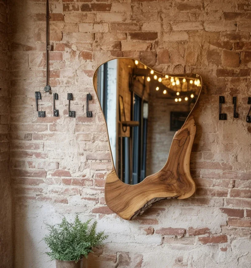 Live edge solid wood mirror on exposed brick wall, rustic interior, modern lighting
