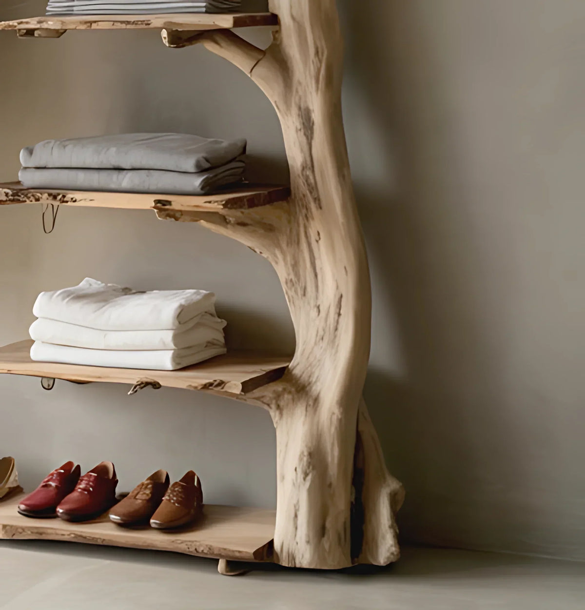 Live edge solid wood bookshelf with folded clothes and shoes on lower shelves