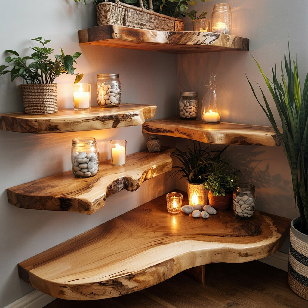 Natural live edge wooden corner shelves decorated with candles, glass jars with stones, and green plants