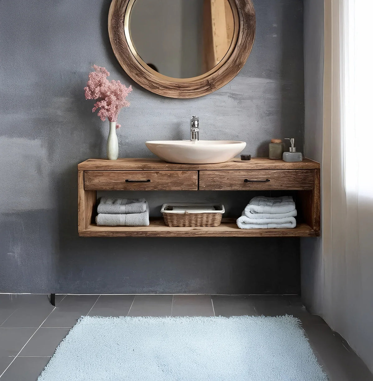 Solid wood floating bathroom vanity with vessel sink, round mirror, and shelf with towels