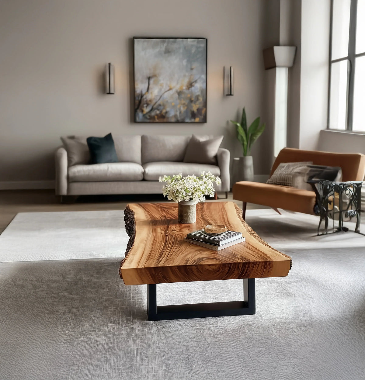 Live edge solid wood coffee table with metal legs in modern living room with sofa and artwork