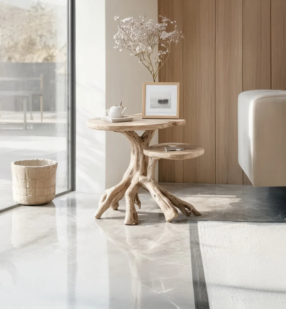 Solid wood live edge side table with tree root base, minimal decor, modern living room