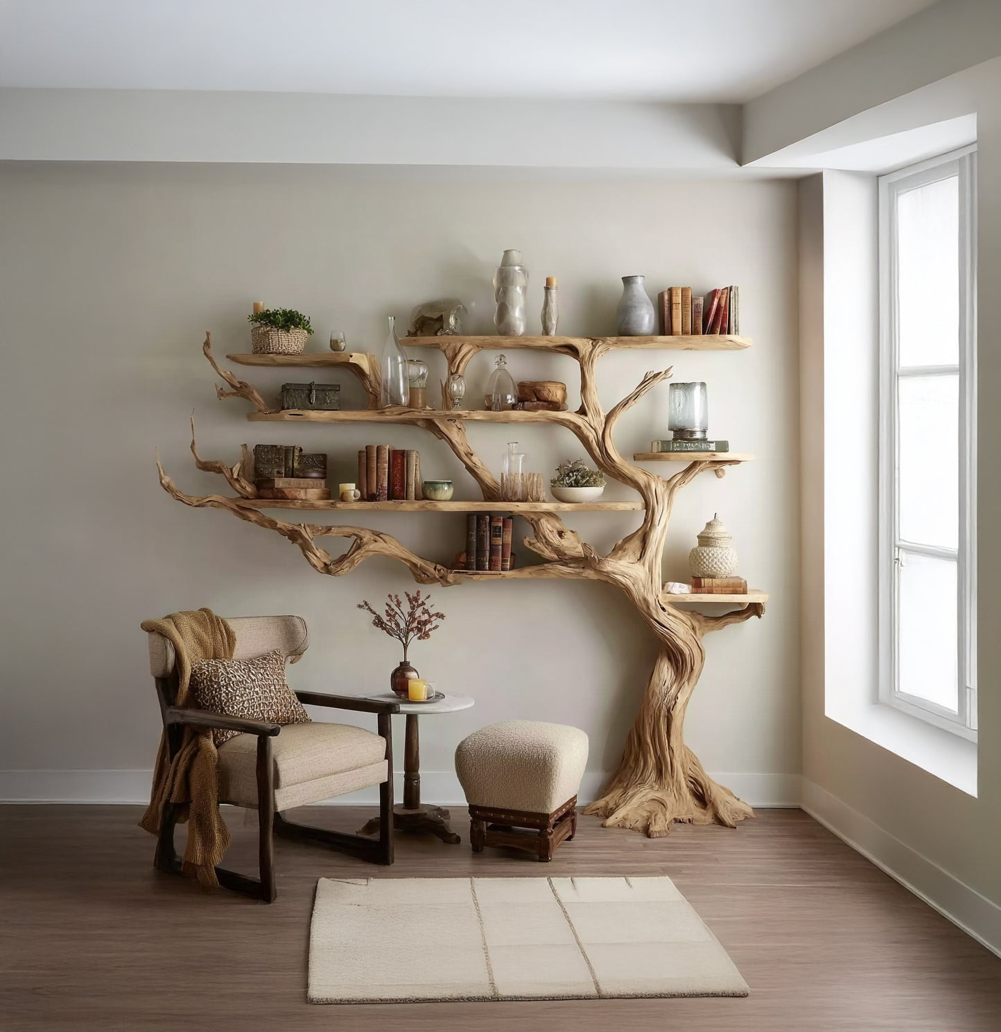 Cozy reading nook with beige armchair, wooden tree-shaped bookshelf, footstool, and window light
