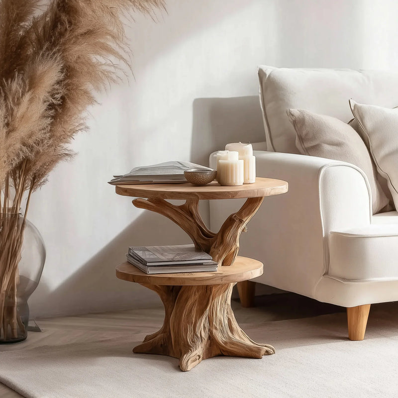 Sustainably crafted live edge wood side table with candles and books beside a white sofa