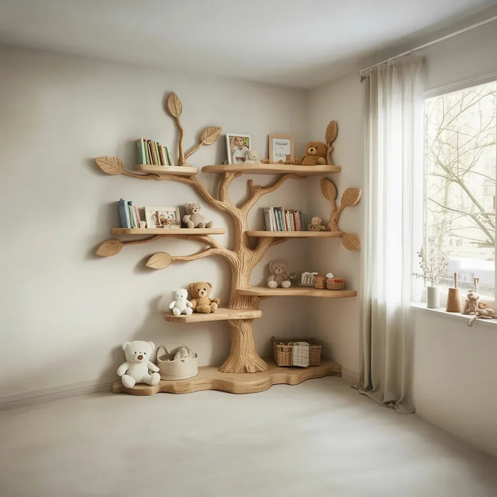 wooden tree-shaped bookshelf corner with books, teddy bears, and decorative baskets near window
