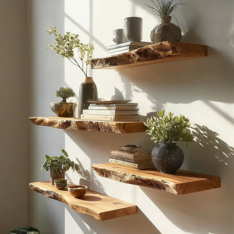 Modern wall with four natural wood floating shelves decorated with plants, books, and pottery in sunlight