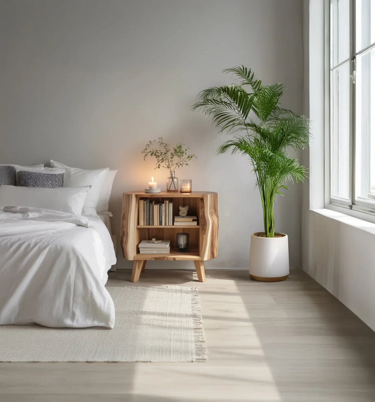Minimalist bedroom with white bedding, wooden nightstand, candles, books, and large potted plant near window