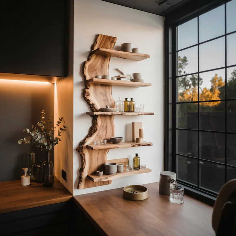 Live edge wooden floating shelves with kitchenware in a modern kitchen setting.