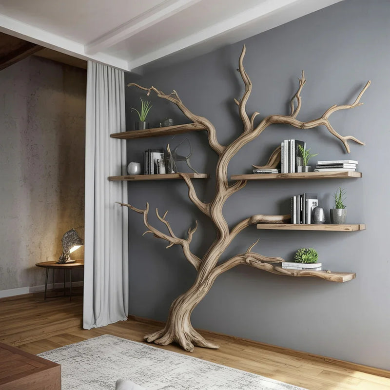 Tree-shaped wooden bookshelf with floating shelves against a gray wall, featuring books and plants.