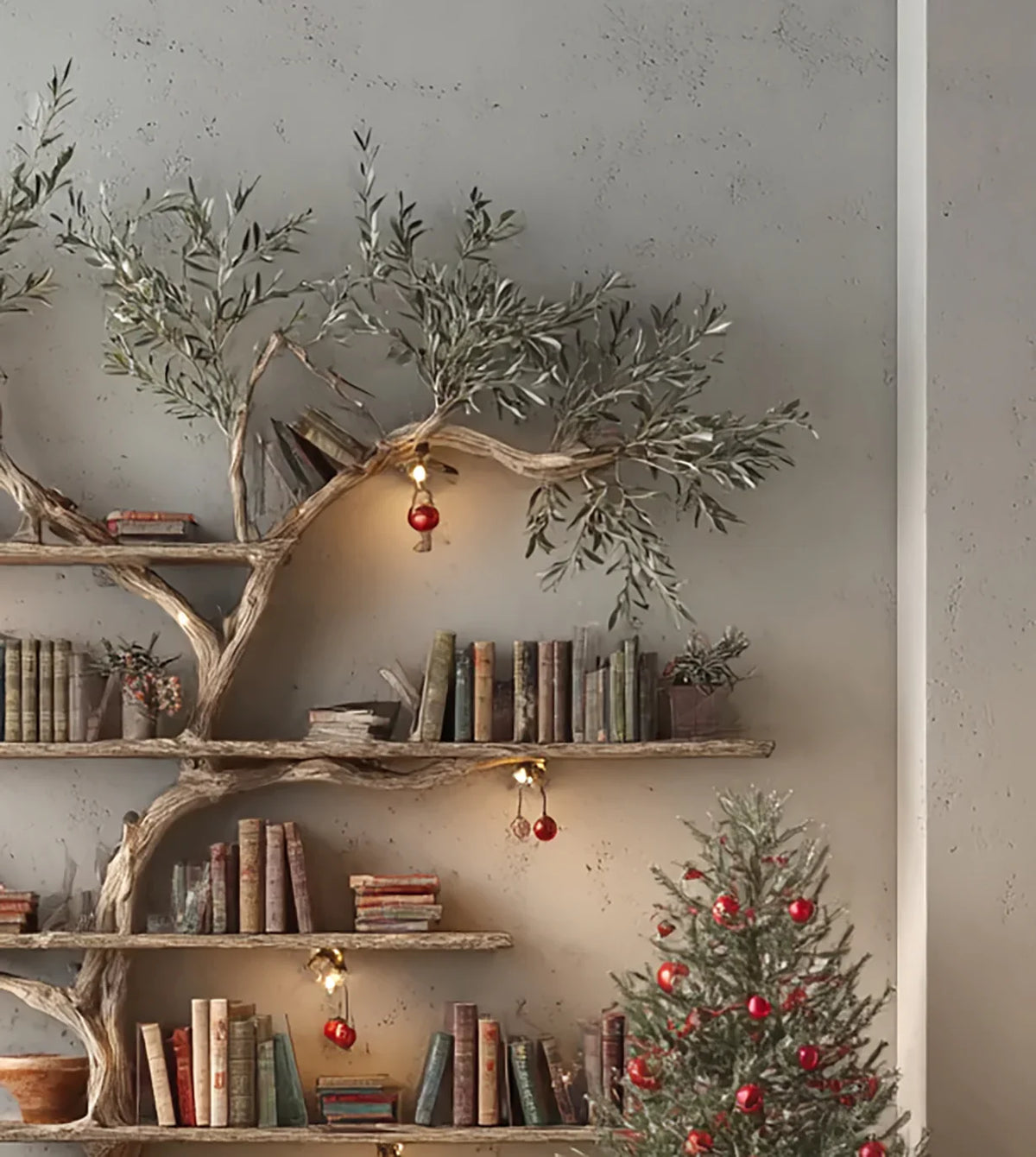 Live edge tree bookshelf with books, ornaments, and a small decorated Christmas tree