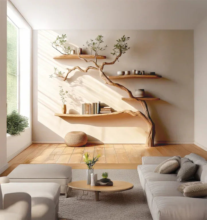 Modern living room with a unique tree branch bookshelf and floating wood shelves.