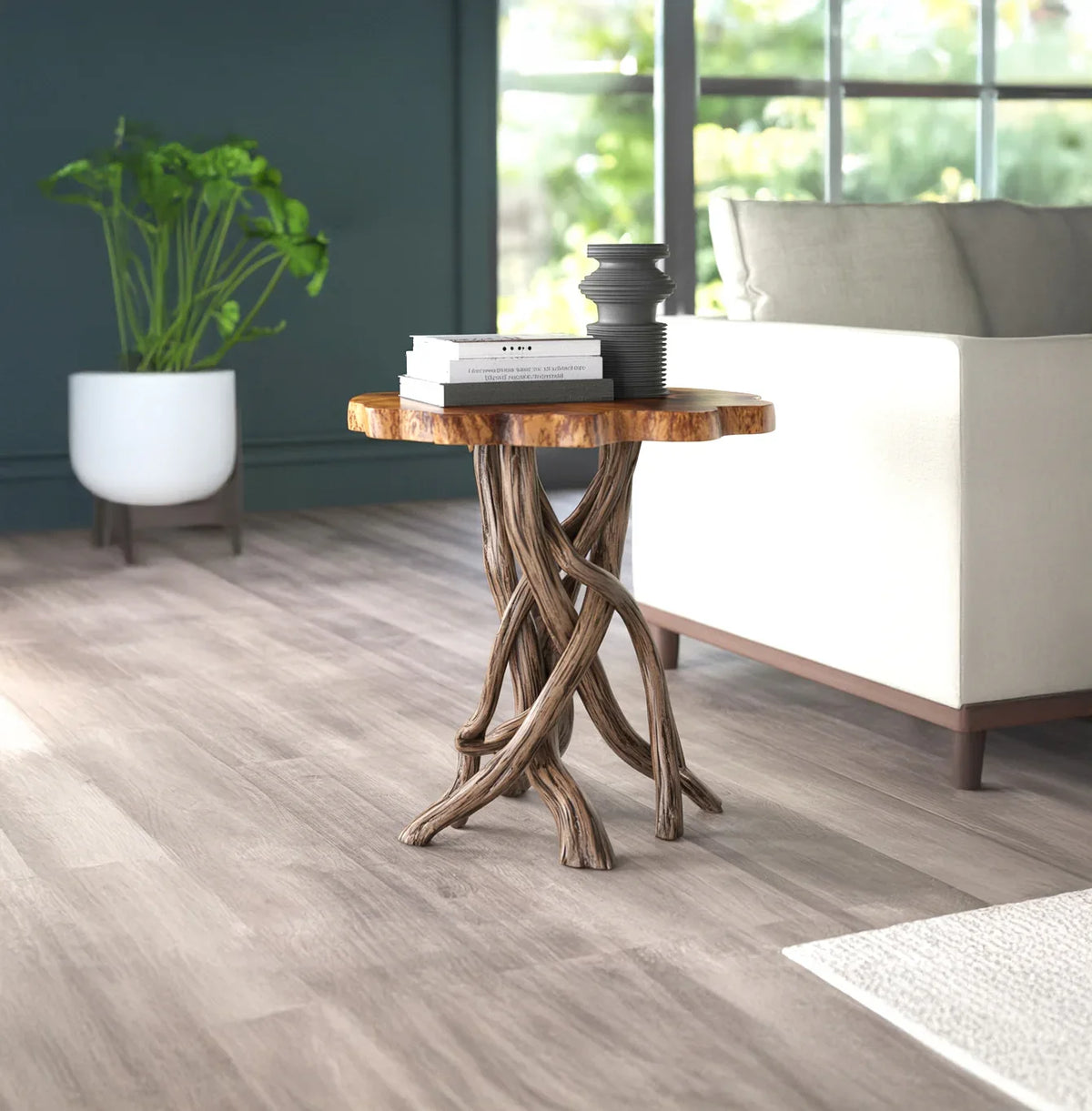 Live edge wood side table with twisted branch base in modern living room