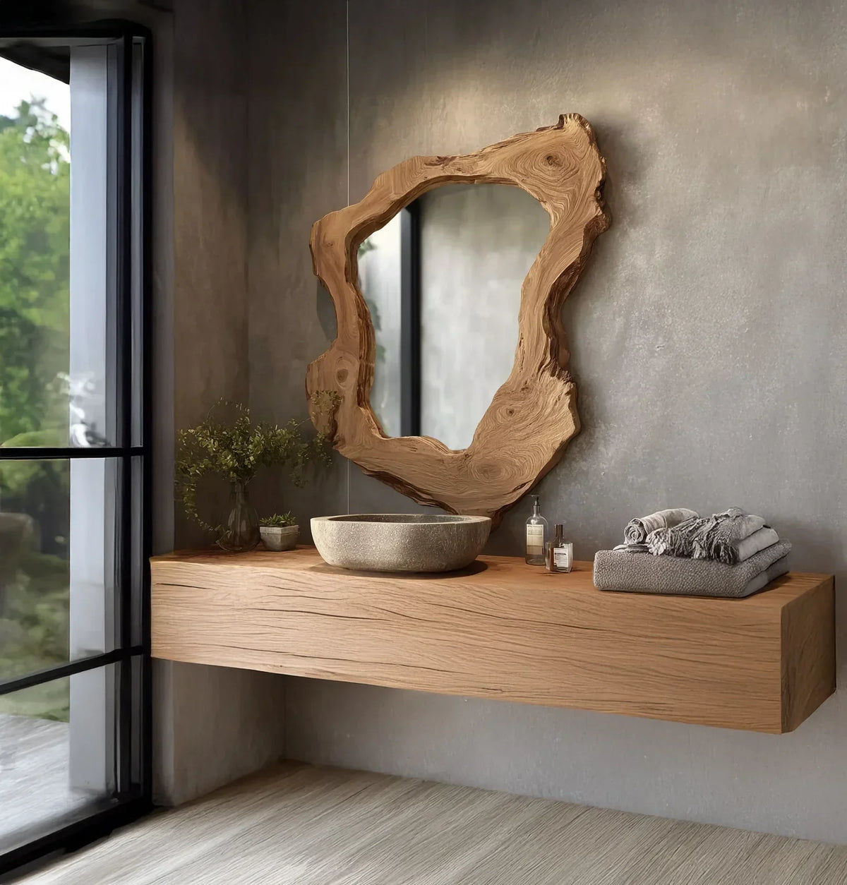 Modern bathroom with live edge wood mirror, solid wood floating vanity, and stone sink