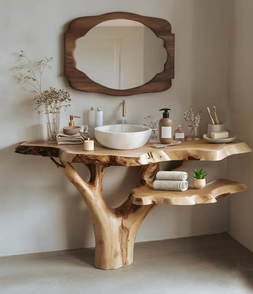 Reclaimed Live Edge Solid Wood Bathroom Vanity – Handmade Floating Rustic Wall-Mounted Vanity