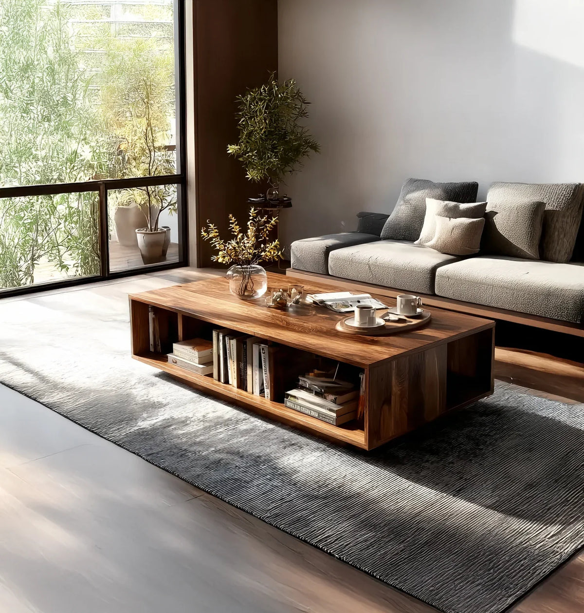 Modern living room with gray fabric sofa and wooden coffee table on textured rug near large window with plants