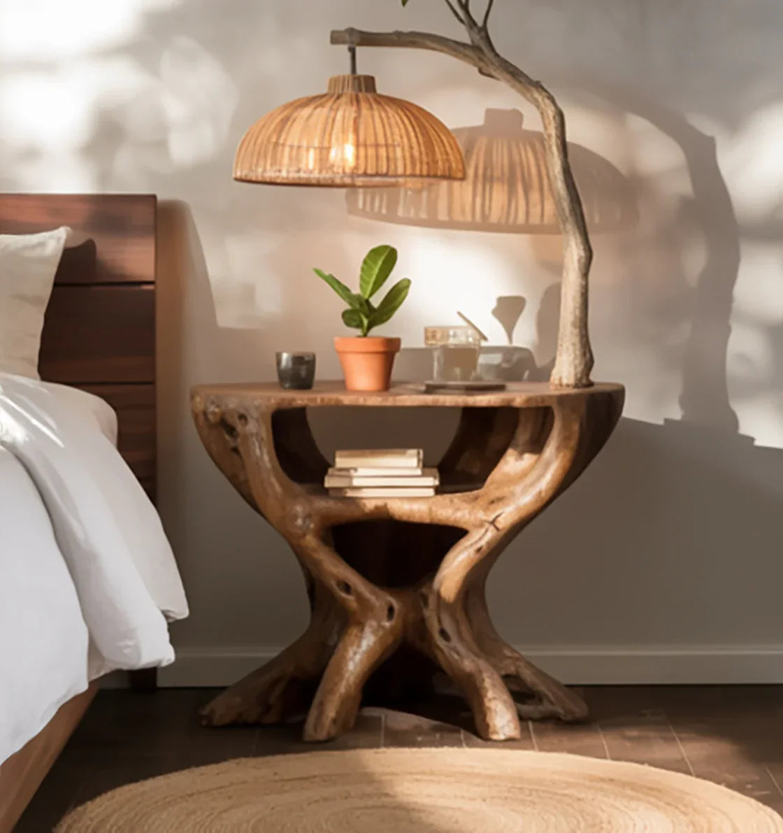 Live edge solid wood side table with books and potted plant in a cozy bedroom