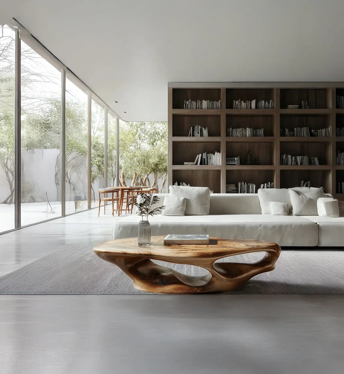 Modern living room with sculpted live edge wood coffee table, cream sofa, and large bookshelf