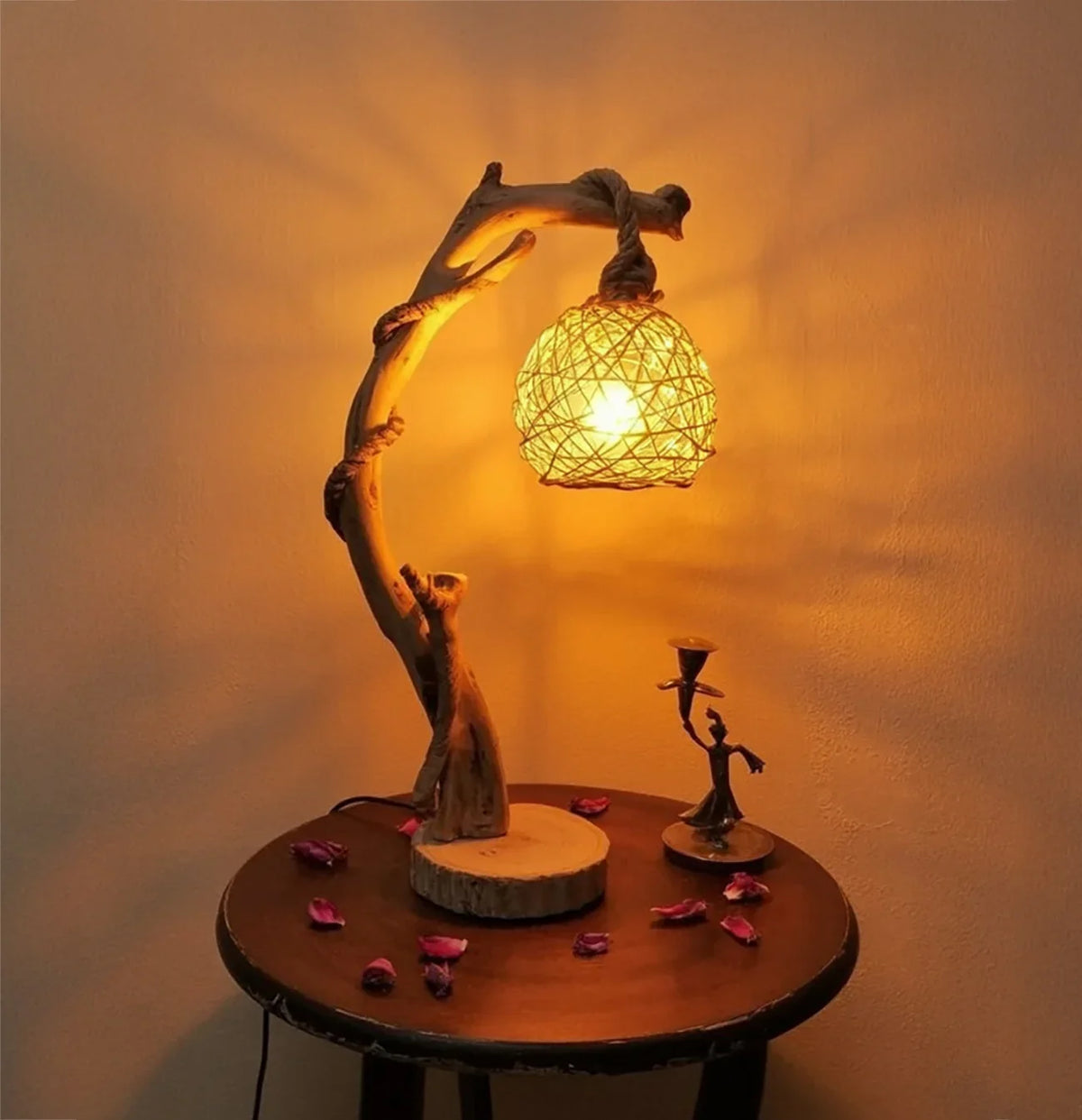 Rustic wooden table lamp with woven shade on round wooden table, warm ambient light