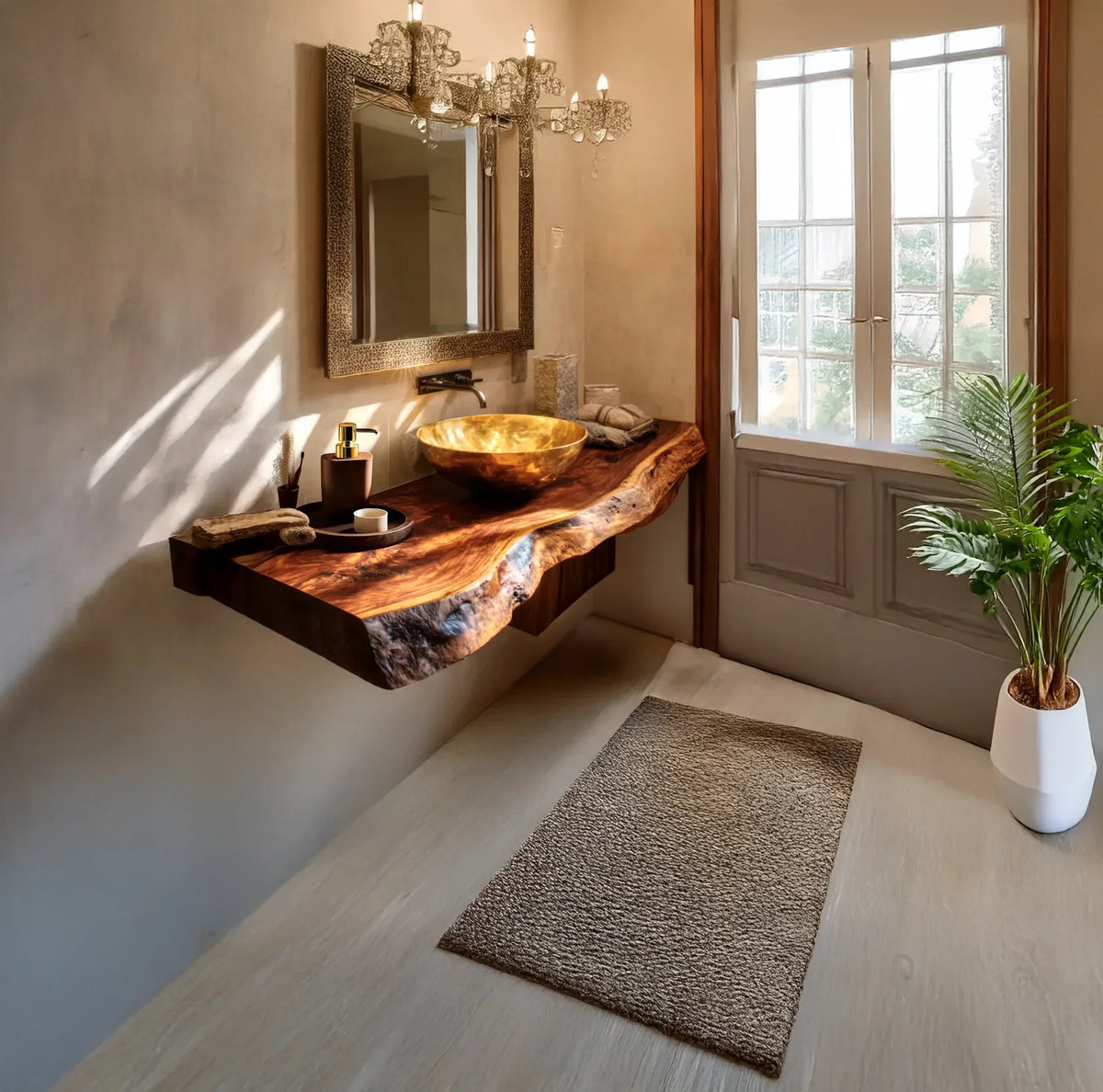 Live edge solid wood bathroom vanity with gold vessel sink and modern decor