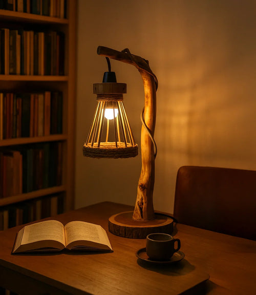 Rustic Driftwood Floor Lamp – Tree Branch Standing Light with Rattan Lampshade, Natural Wooden Lighting