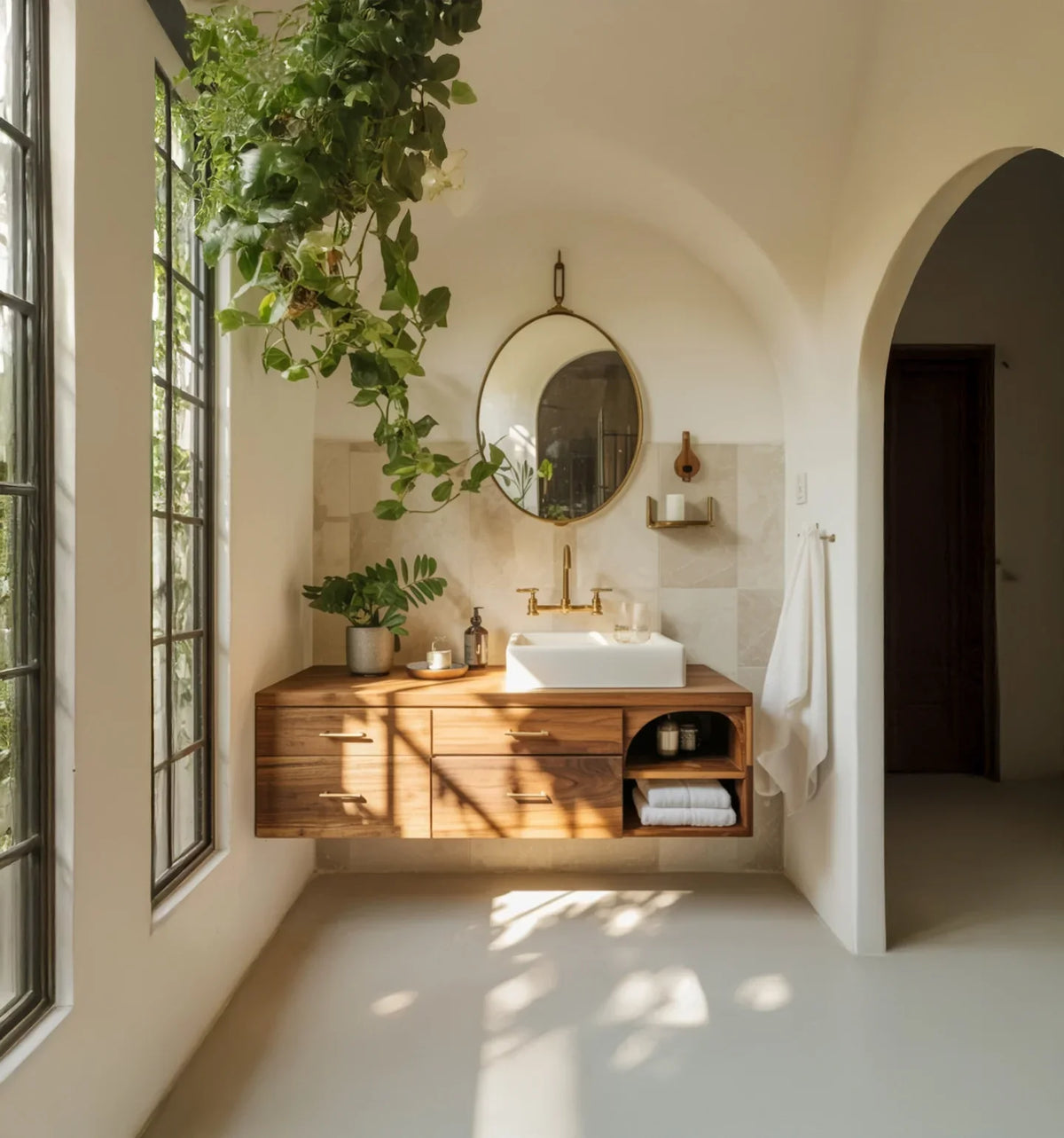 Bright bathroom with wooden floating vanity, white sink, round mirror, hanging plant, and towel