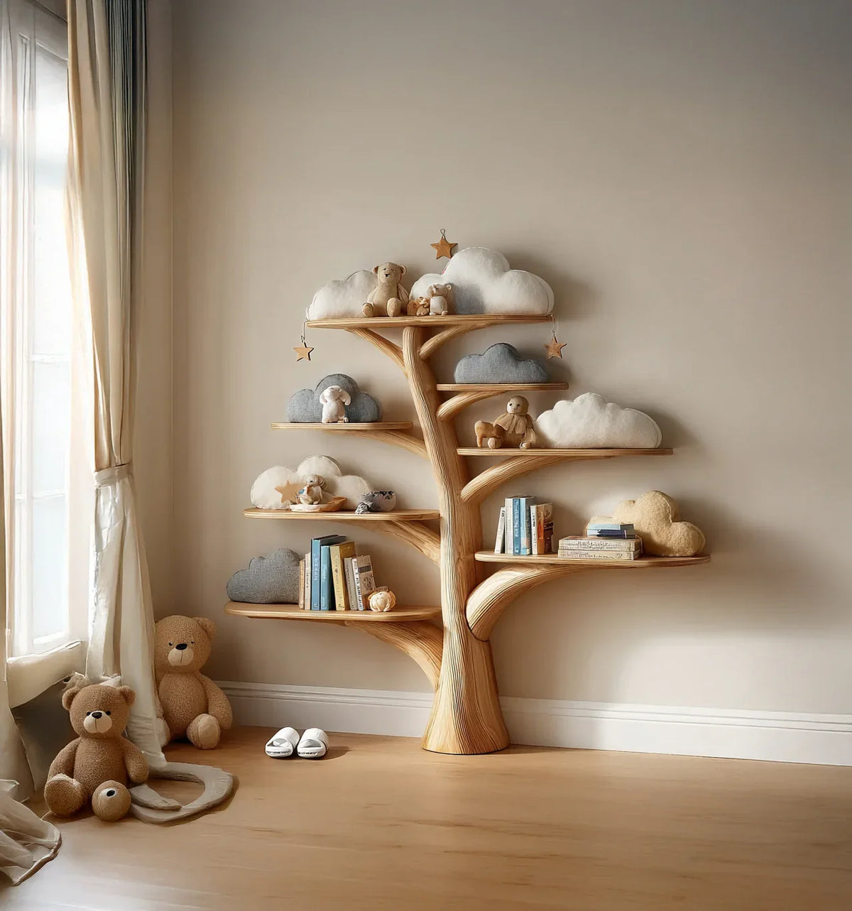 Tree-shaped wooden bookshelf with plush clouds, books, and stuffed animals in a cozy nursery.
