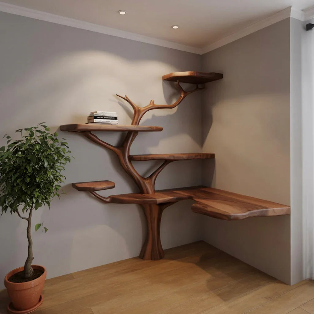 Modern wooden tree-shaped corner shelves with books and a potted plant on wooden floor