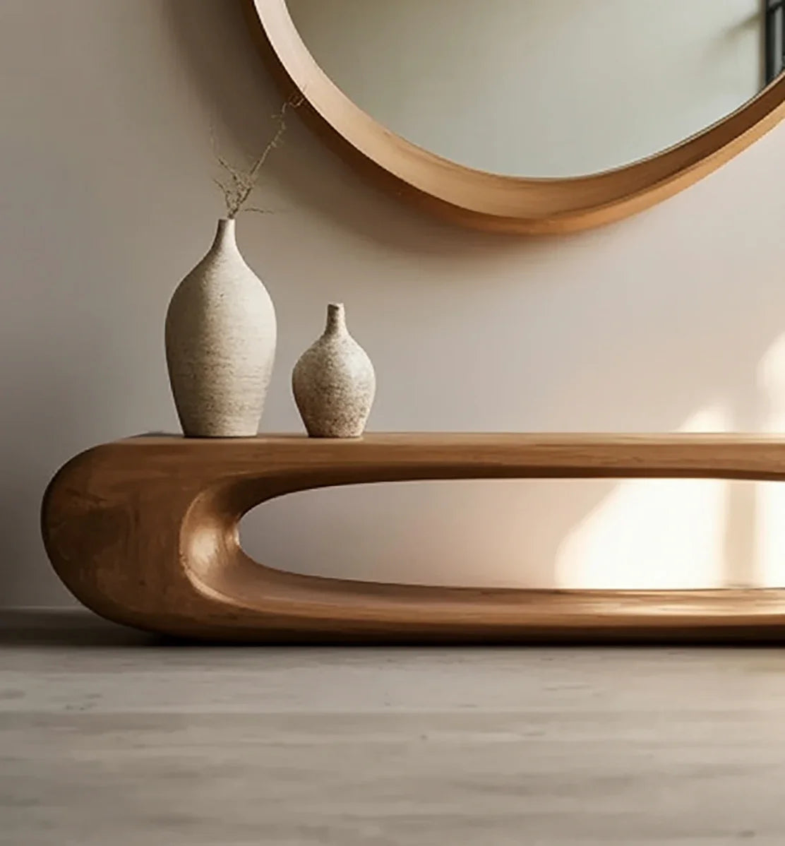 Solid wood modern bench with rounded edges, minimalist vases, and round wall mirror