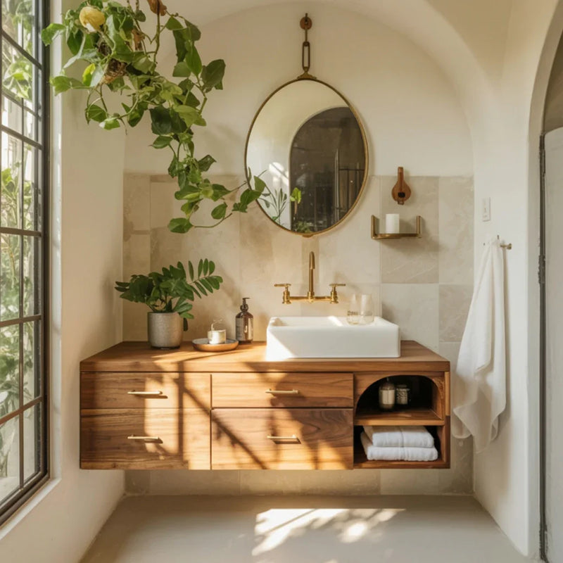 Modern bathroom with wooden floating vanity, white vessel sink, brass faucet, round mirror, and hanging plants