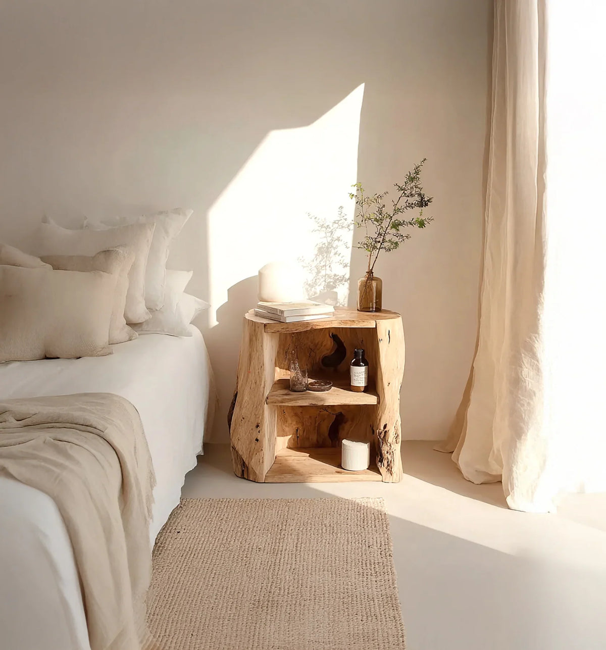 Cozy bedroom corner with natural wooden side table, beige bedding, and soft sunlight