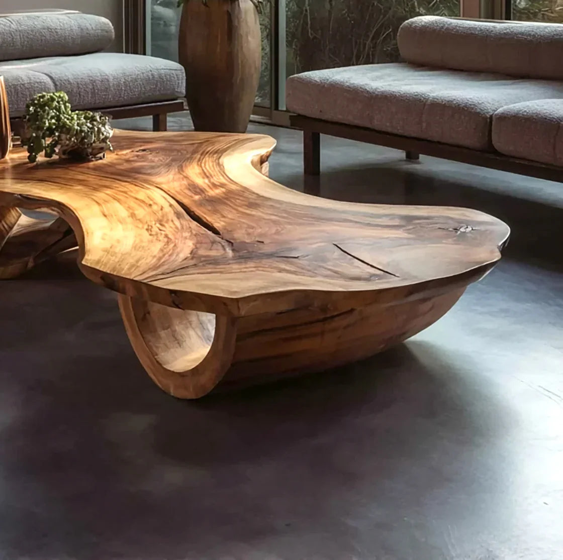 Modern living room with unique sculptural wooden coffee table and gray sofas on polished concrete floor