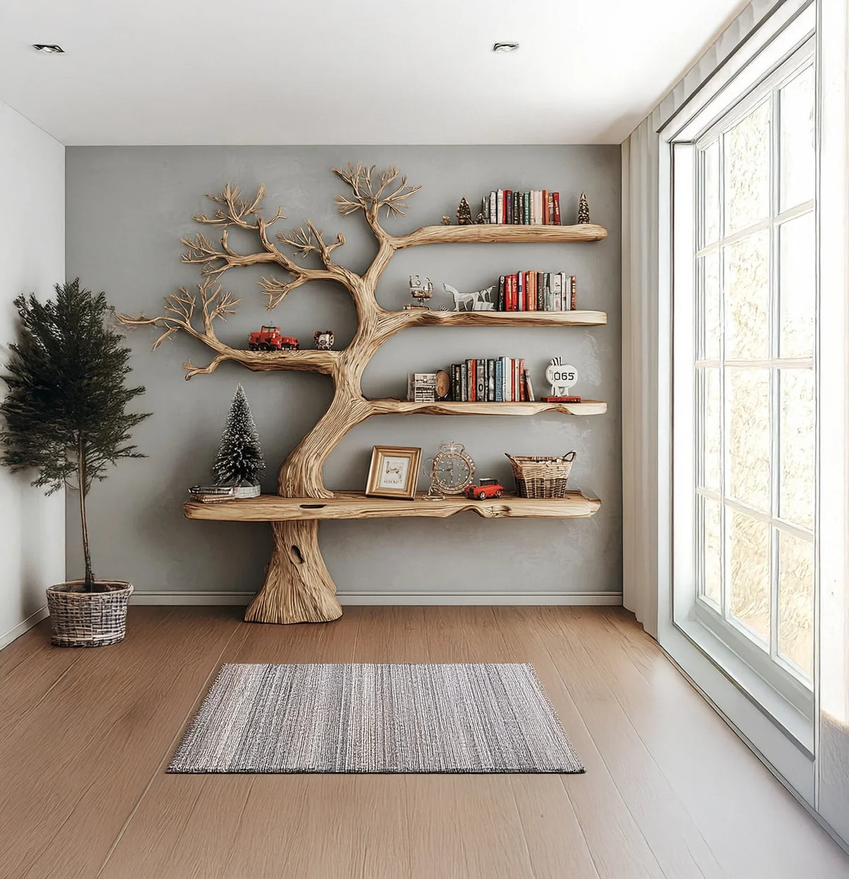 Live edge tree bookshelf with books and decor in a modern, sunlit living room