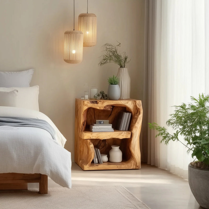Cozy bedroom corner with natural wood nightstand, white bed linens, hanging wicker lamps, and green plants