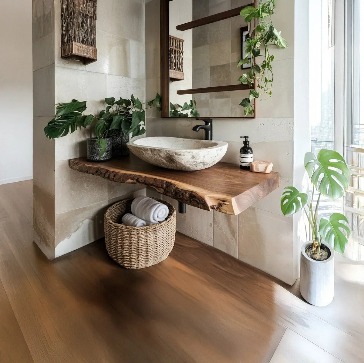 Modern bathroom with live edge wood floating vanity, vessel sink, houseplants, and natural light