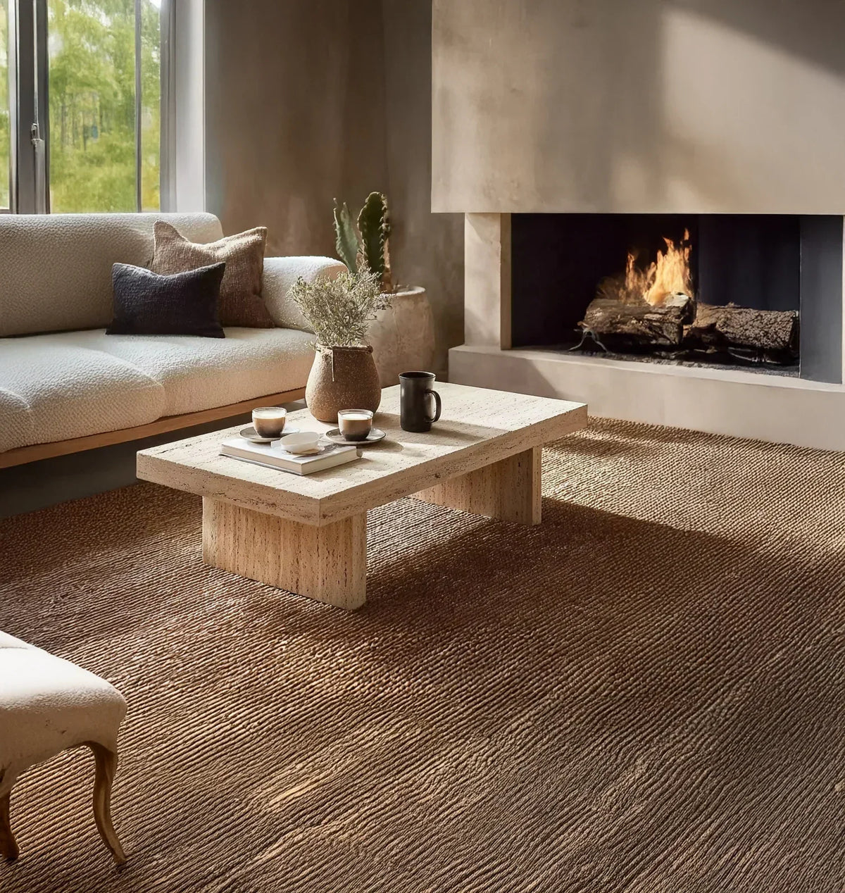 Modern living room with a solid wood coffee table, textured rug, sofa, and fireplace